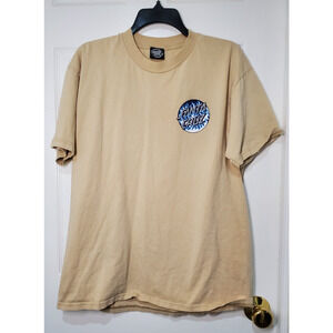 Santa Cruz Skateboards T Shirt Tan Blue Flame Logo Front Back Short Sleeve